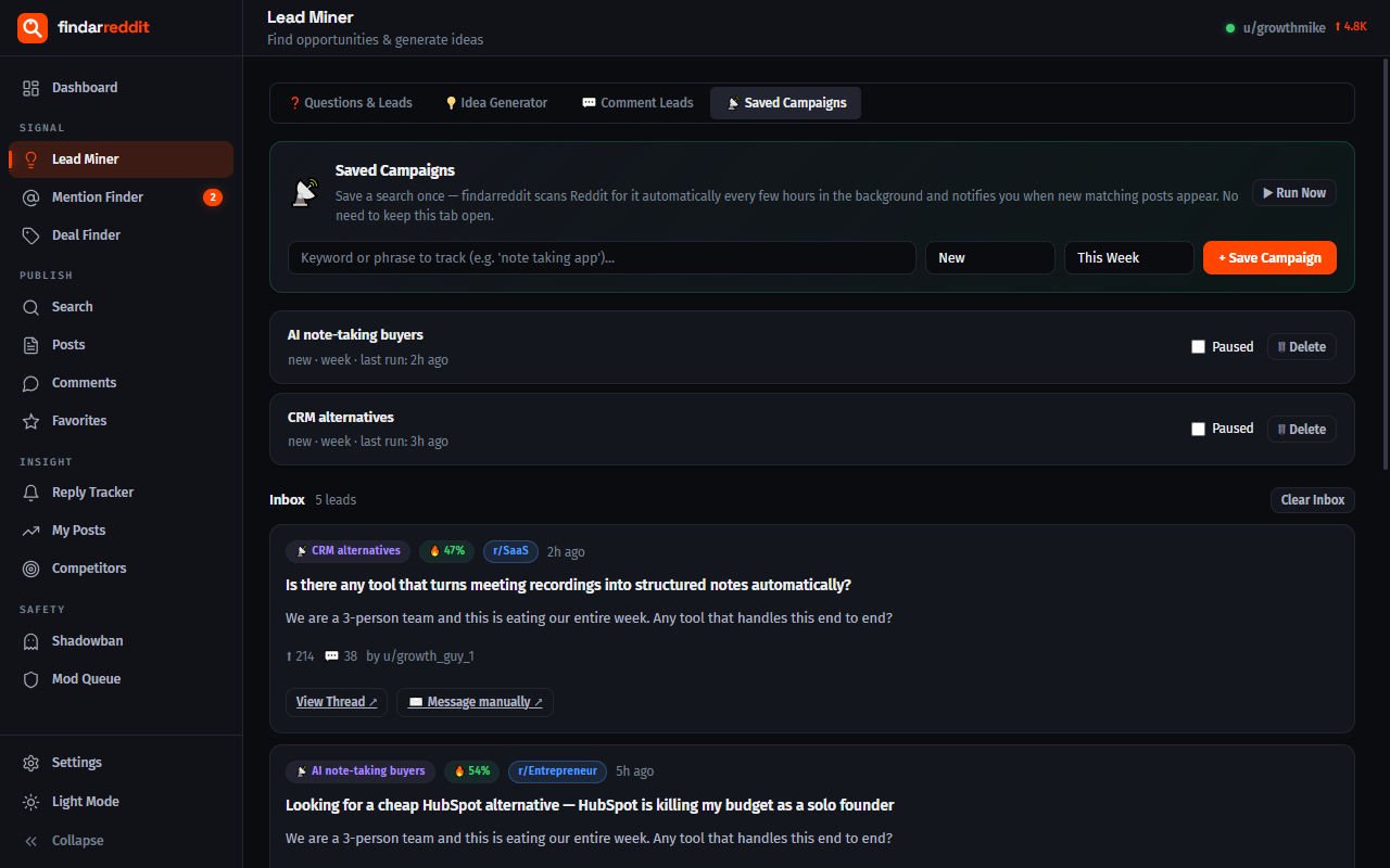 Lead Miner dashboard displaying campaigns and scored leads