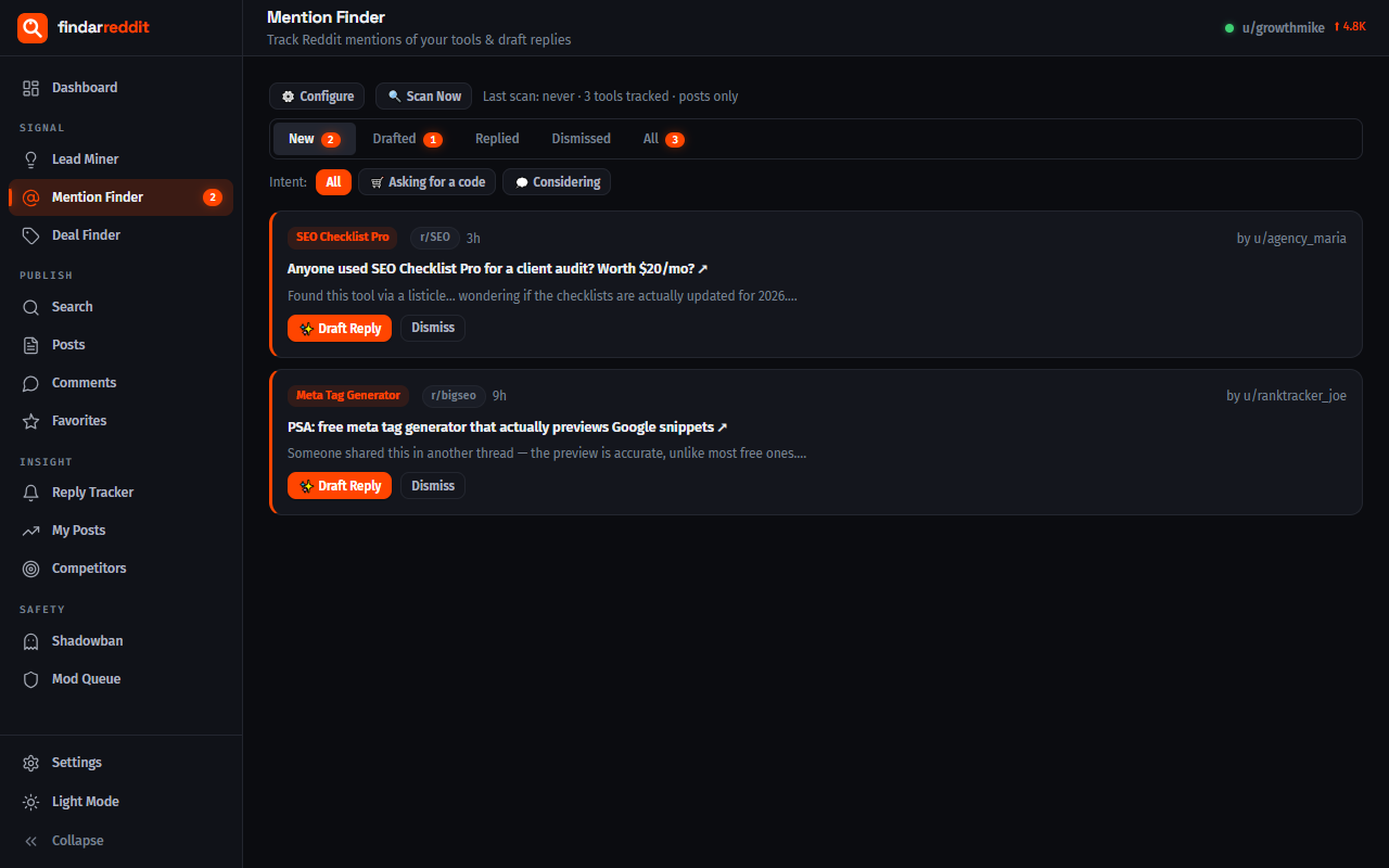 Mention Finder interface with alerts and reply drafts